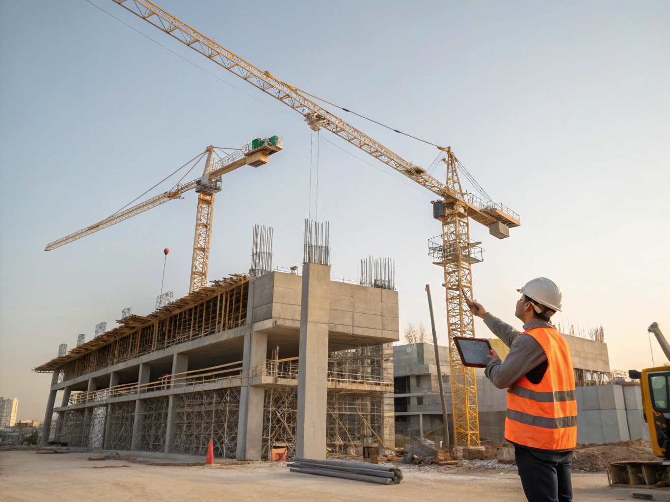 NOVA Solutions Project Manager reviewing plans on a tablet at a clean construction site