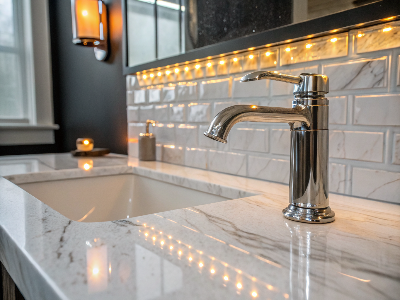 Collage of finished project details including faucets, cabinetry, and decking